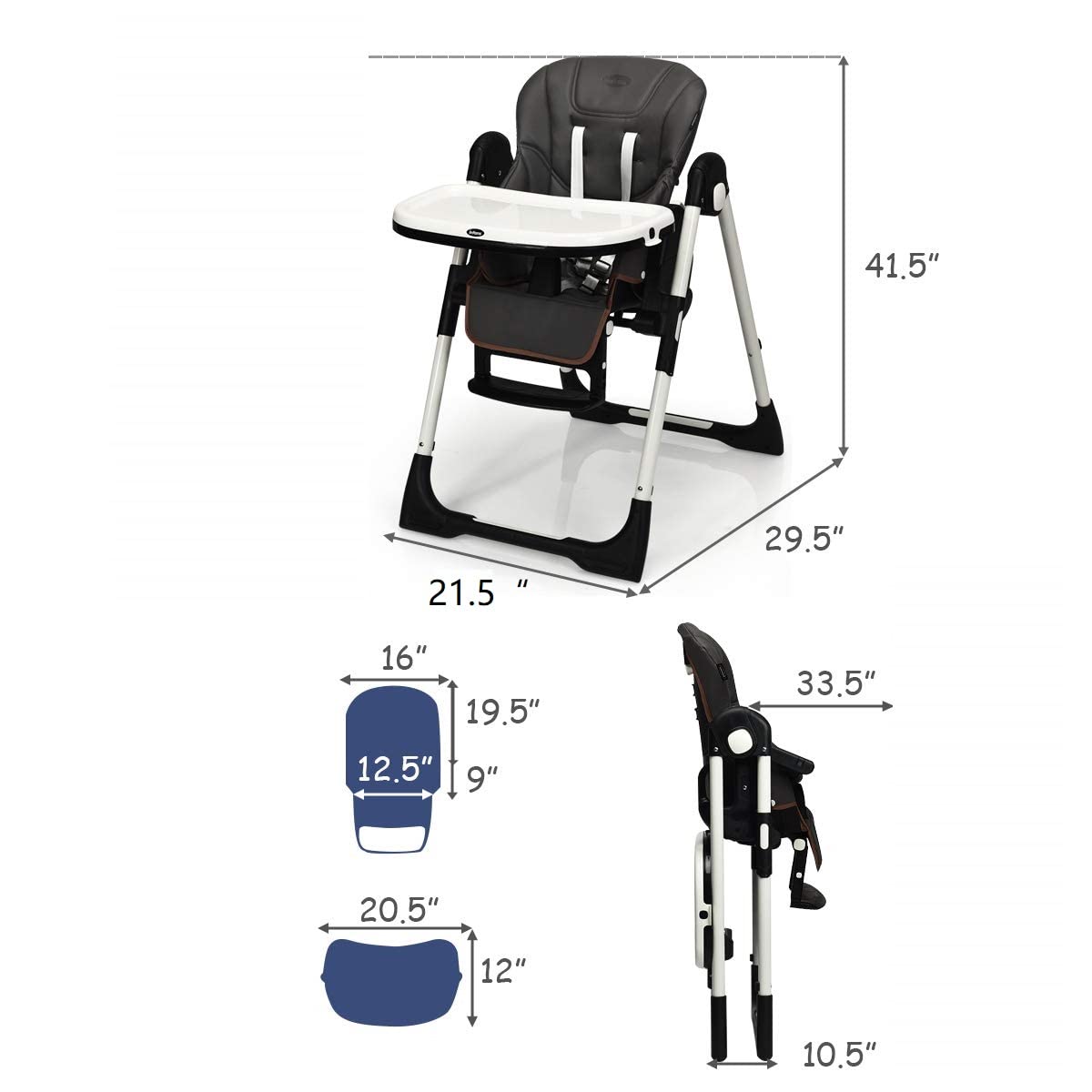 INFANS High Chair for Babies & Toddlers, Foldable Highchair with Multiple Adjustable Backrest, Footrest and Seat Height, Removable Tray, Detachable PU Leather Cushion, Built-in Rear Wheels (Black)