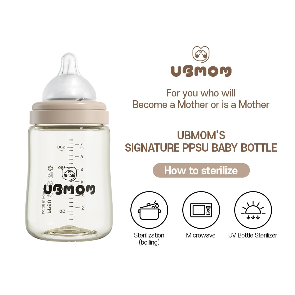 PPSU All in One Baby Bottle, PPSU Baby Bottle for Breastfeeding Babies, Anti-Colic Wide-Neck Non-Tip Stable Base, Easy to Clean Natural Baby Bottle 200ml, 6.76oz, Nipple S Level(0~3M) (Beige)
