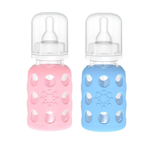 Lifefactory Glass Baby Bottles with Silicone Protection - 2-PACK, 4 Ounce Bottles, Pink & Sky Blue