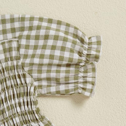 Infant Baby Girls Romper Ruffle Sleeve Pleated Smocked Bubble Plaid One Piece Ruched Jumpsuit Summer Bodysuit