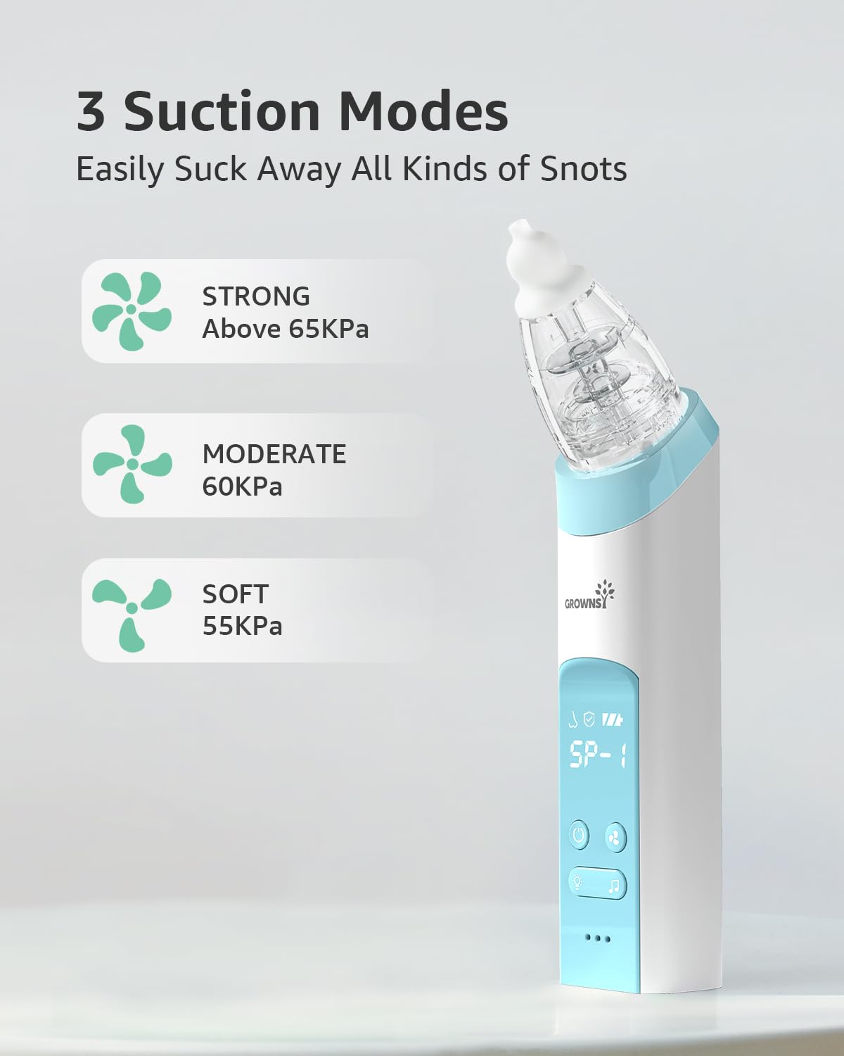 GROWNSY Nasal Aspirator for Baby, Electric Nose Aspirator for Toddler, Baby Nose Sucker, Automatic Nose Cleaner with 3 Silicone Tips, Adjustable Suction Level, Music and Light Soothing Function