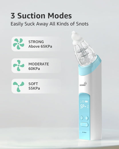 GROWNSY Nasal Aspirator for Baby, Electric Nose Aspirator for Toddler, Baby Nose Sucker, Automatic Nose Cleaner with 3 Silicone Tips, Adjustable Suction Level, Music and Light Soothing Function