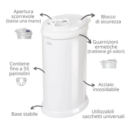Ubbi Steel Diaper Pail, Odor Locking, No Special Bag Required, Award-Winning, Registry Must-Have, White