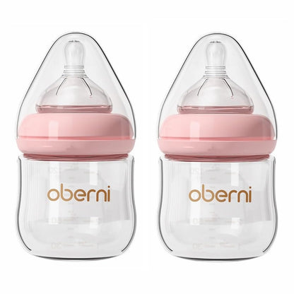 Glass Baby Bottles,Anti Colic Breastfeeding Bottle with Natural Response Nipple Size S,Wide Neck Slow Flow Baby Bottle for Baby,Newborn,Preemie 0-3 0-6 Month,BPA Free (Pink, 2 Pack, 4 Ounce)
