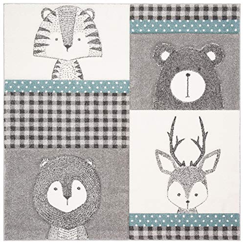 SAFAVIEH Carousel Kids Collection Area Rug - 5'3" Round, Grey & Ivory, Animal Design, Non-Shedding & Easy Care, Ideal for High Traffic Areas for Boys & Girls in Playroom, Nursery, Bedroom (CRK188B)