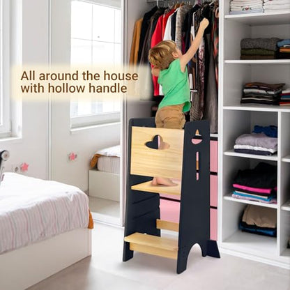COSYLAND Toddler Standing Tower Adjustable Height - Super Stable Kids Kitchen Stool Helper - 3 Levels Adjustable Wooden Toddler Kitchen Stool (Natural & Navy Blue)