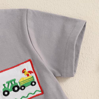 fhutpw Baby Toddler Boy Summer Clothes Embroidery Pattern Short Sleeve Tops & Casual Shorts 6 12 18 Months Outfits Sets