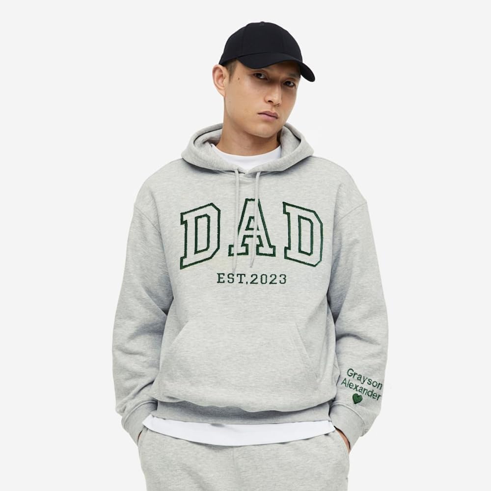 GODMERCH Personalized Embroidered Dad Est Hoodie with Kid Names on Sleeve, Dad Sweatshirt Hoodie for Men, Gifts for Dad Daddy Husband Grandpa Fathers Day Christmas