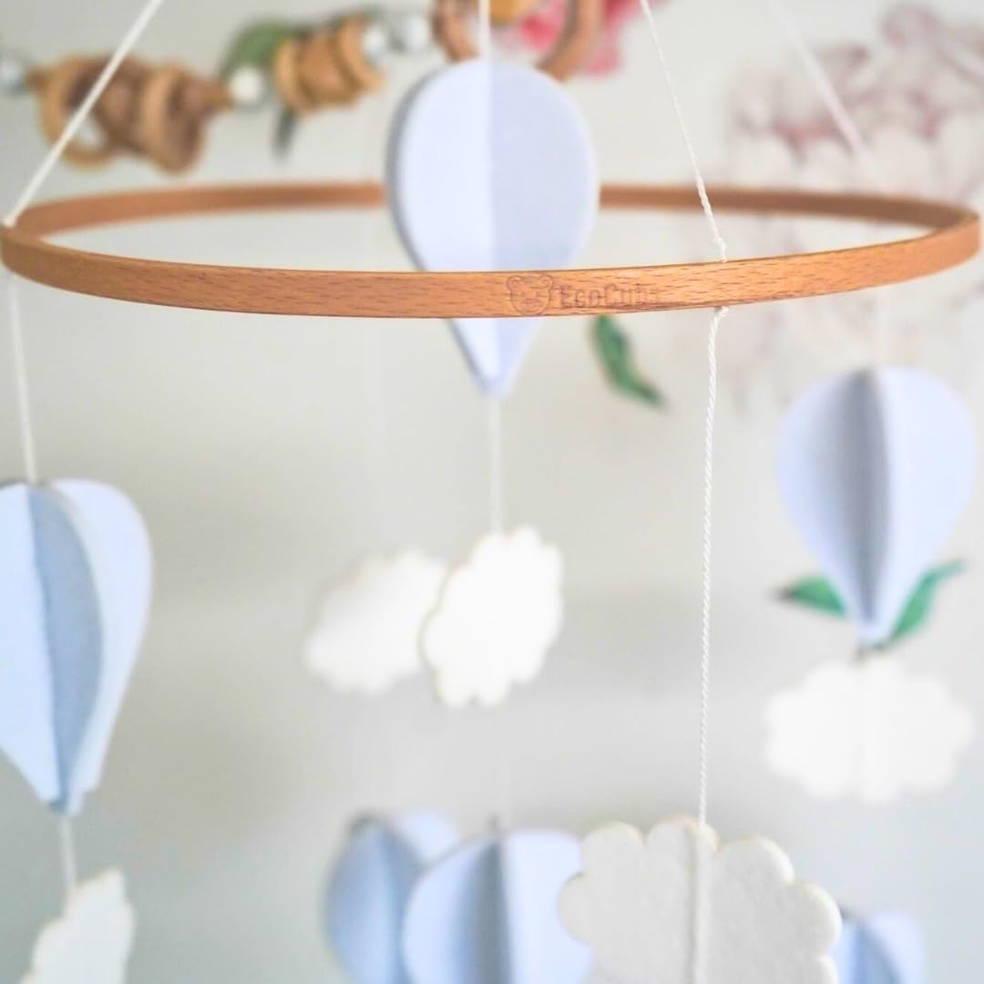 Handmade Baby Crib Mobile | White & Pale Grey | Hot Air Balloons & Clouds | Eco-Friendly Felt & Organic Beech Wood | Gender Neutral Nursery Decor | Simple & Modern Design
