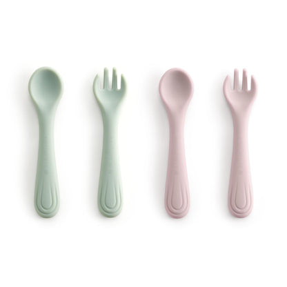 Bc Babycare Portable 4 Pack Baby & Toddler Self Feeding Fork and Spoon Set with Storage Case, BPA-Free Silicone Utensils for Boys and Girls, Safe & Easy to Carry, Blue & Pink