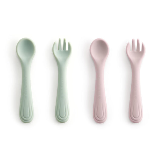 Bc Babycare Portable 4 Pack Baby & Toddler Self Feeding Fork and Spoon Set with Storage Case, BPA-Free Silicone Utensils for Boys and Girls, Safe & Easy to Carry, Blue & Pink