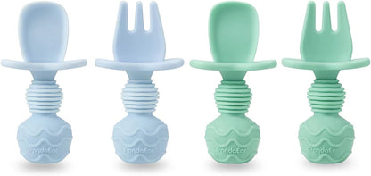PandaEar 4 Pack Silicone Baby Spoons and Fork Feeding Set- Anti-Choke First Self Feeding Utensils for Baby Led Weaning Ages 3 Months (Cyan+Blue)