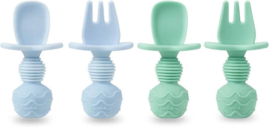 PandaEar 4 Pack Silicone Baby Spoons and Fork Feeding Set- Anti-Choke First Self Feeding Utensils for Baby Led Weaning Ages 3 Months (Cyan+Blue)