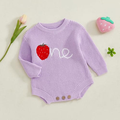 Baby Girl First Birthday Outfit One Year Old Strawberry Embroidery Knit Sweater Romper Warm Fall Winter Clothes