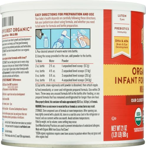 Earth's Best Organic Baby Formula for Babies 0-12 Months, Powdered Dairy Infant Formula with Iron, Omega-3 DHA, and Omega-6 ARA, 32 oz Formula Container