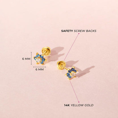 14k Yellow Gold Colorful Cubic Zirconia Flower Studs - Screw Back Earrings for Toddlers & Little Girls - Casual & Sparkly Flower Earrings for Children