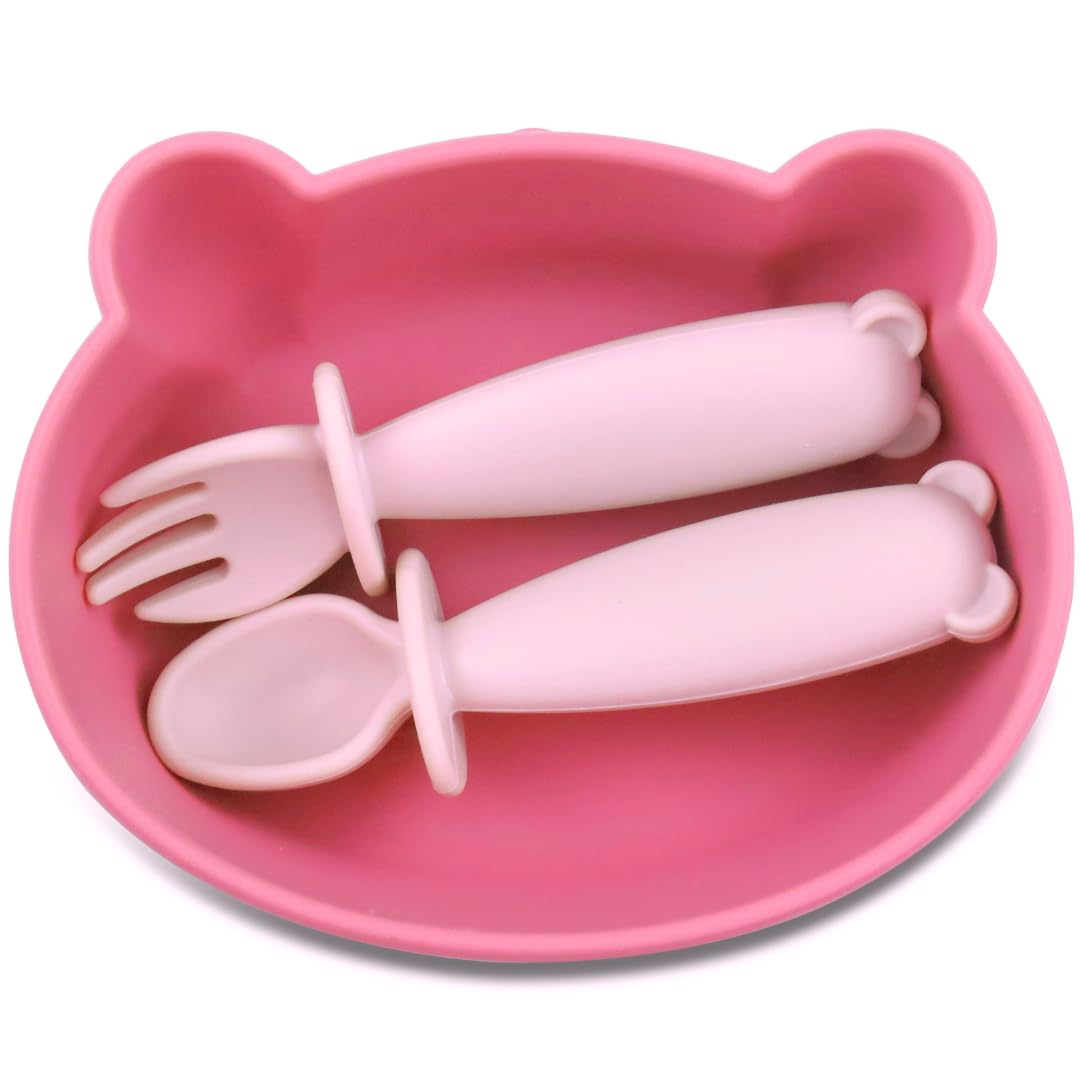 Bear Silicone Baby Bowl Suction Baby Spoon and Fork for Babies 6 months+ Suction Bowls for Baby Utensils 6-12M+ BLW Essentials (Peach Lilac)