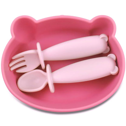 Bear Silicone Baby Bowl Suction Baby Spoon and Fork for Babies 6 months+ Suction Bowls for Baby Utensils 6-12M+ BLW Essentials (Peach Lilac)