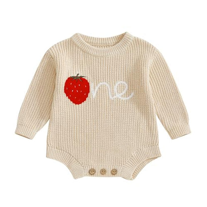 Baby Girl First Birthday Outfit One Year Old Strawberry Embroidery Knit Sweater Romper Warm Fall Winter Clothes