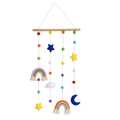 Macrame Rainbow Wall Hanging for Nursery Room,URMAGIC Rainbow Hanging Photo Display with Pom Pom Ball and 25 Photo Clips,Wood Mobile Bed Bell with Moon,Cloud and Stars,Baby Crib Hanging Toys