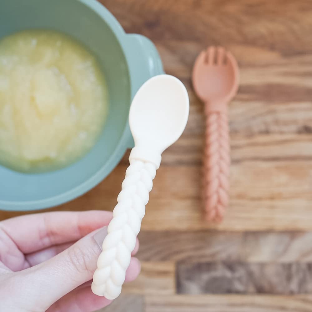 Itzy Ritzy Silicone Spoon & Fork Set; Baby Utensils Featuring a Baby Fork and Spoon with Looped, Braided Handles - Made of 100% Food Grade Silicone & BPA-Free - Ages 6 Months and Up (Pink)