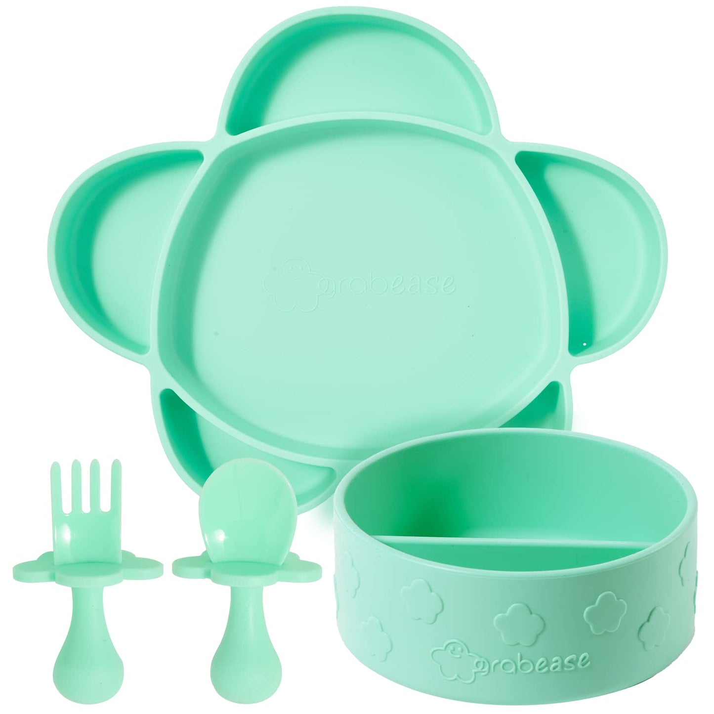 grabease Baby Essentials Must-Haves - Complete Feeding Set for Baby-Led Weaning and Portion Control - Suction Bottoms 4 Piece Set, BPA and Phthalates-Free, Blush