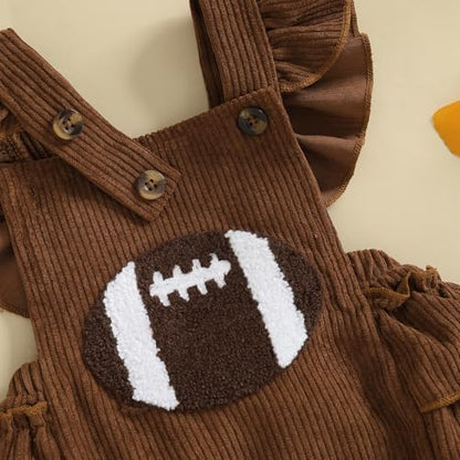 Football Baby Girl Outfit Embroidery Football Romper Ruffle Sleeve Corduroy Bodysuit Overalls Game Day Clothes