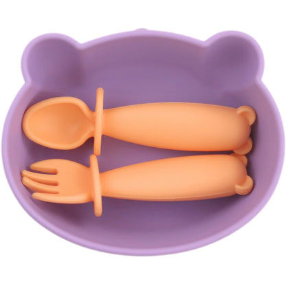 Bear Silicone Baby Bowl Suction Baby Spoon and Fork for Babies 6 months+ Suction Bowls for Baby Utensils 6-12M+ BLW Essentials (Peach Lilac)