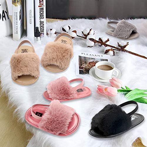 2 Pack Infant Baby Girls Sandals Elastic Back Strap Flats Slippers Soft Toddles Princess Shoes Faux Fur Slides Shoes First Walker House Shoes