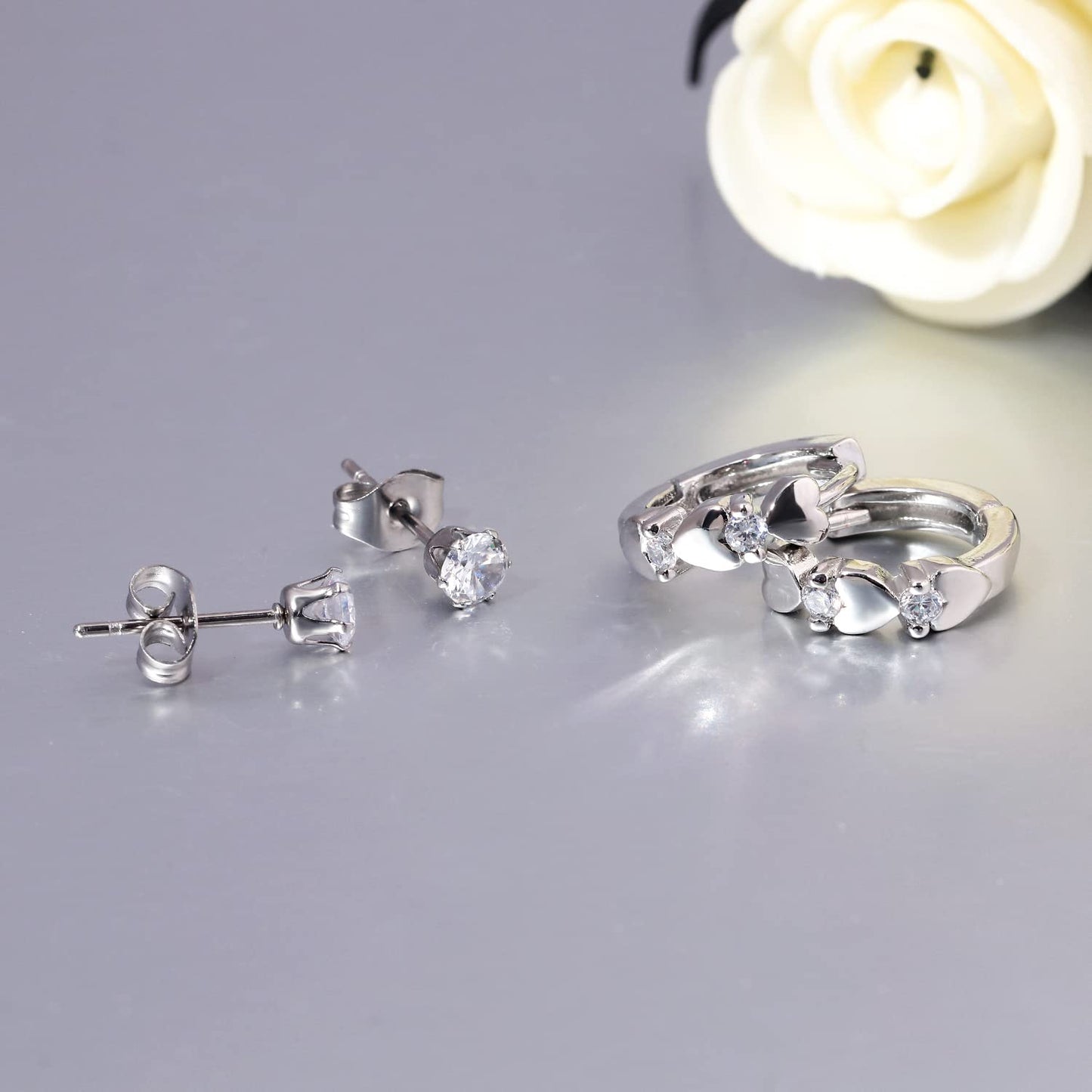 CiNily 14K White Gold Plated Small Hoop Earrings for Women Girls Heart Cubic Zirconia Hypoallergenic Earrings
