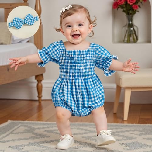 Infant Baby Girls Romper Ruffle Sleeve Pleated Smocked Bubble Plaid One Piece Ruched Jumpsuit Summer Bodysuit