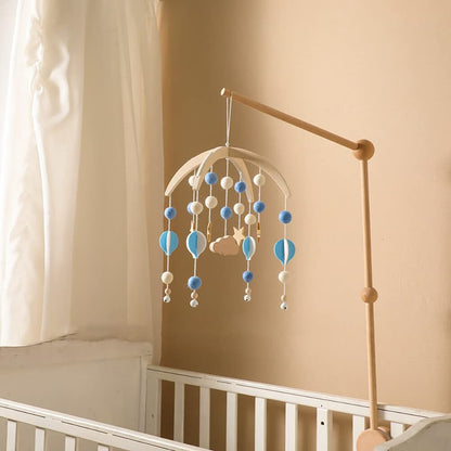 Baby Mobile for Crib, Wooden Baby Crib Mobile with Felt Ball Decor, Baby Crib Nursery Mobile Star Moon for Baby Boys and Girls, Boho Hanging Decor Baby Bed Bell Crib Rattle Hanging Wind Chime Blue