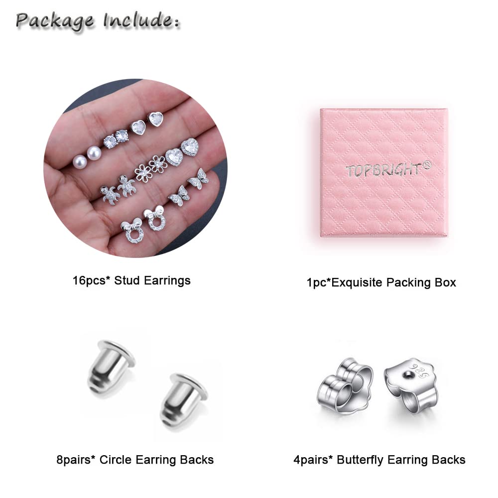 TOPBRIGHT 8 Pairs Hypoallergenic Earrings 925 Sterling Silver Stud Earrings White Heart CZ Tiny Butterfly For Kids, Toddlers, Little Girls, Teens, Women