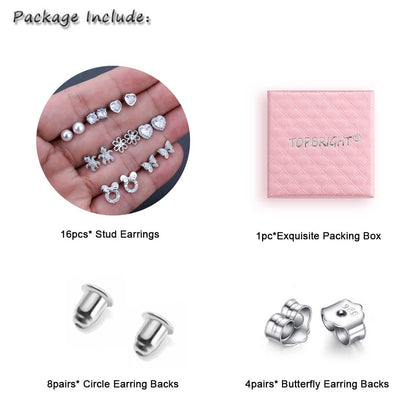 TOPBRIGHT 8 Pairs Hypoallergenic Earrings 925 Sterling Silver Stud Earrings White Heart CZ Tiny Butterfly For Kids, Toddlers, Little Girls, Teens, Women