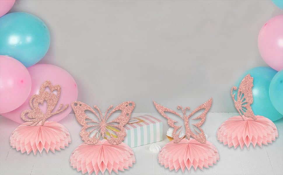 Butterfly Honeycomb Centerpieces, Butterfly Themed Baby Shower Party Decorations, Baby Girl Gender Reveal Party Table Toppers Supplies 8 Pcs Rose Gold (Double Sided Glitter Paper)…