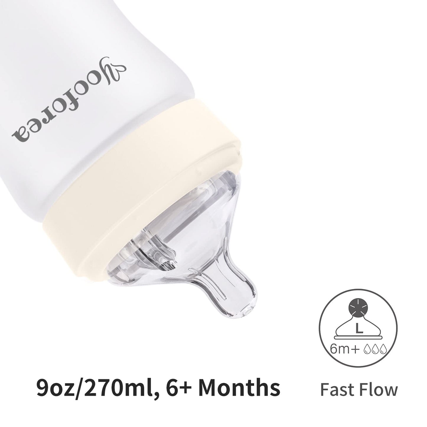 Yooforea Silicone Coated Glass Baby Bottle, 0M+ Slow Flow Nipple I Anti-Colic, Wide Neck, Stable Base I Medical-Grade Silicone Coating for Shatter Protection, BPA BPS PVC Free (3 Ounce-Honey)