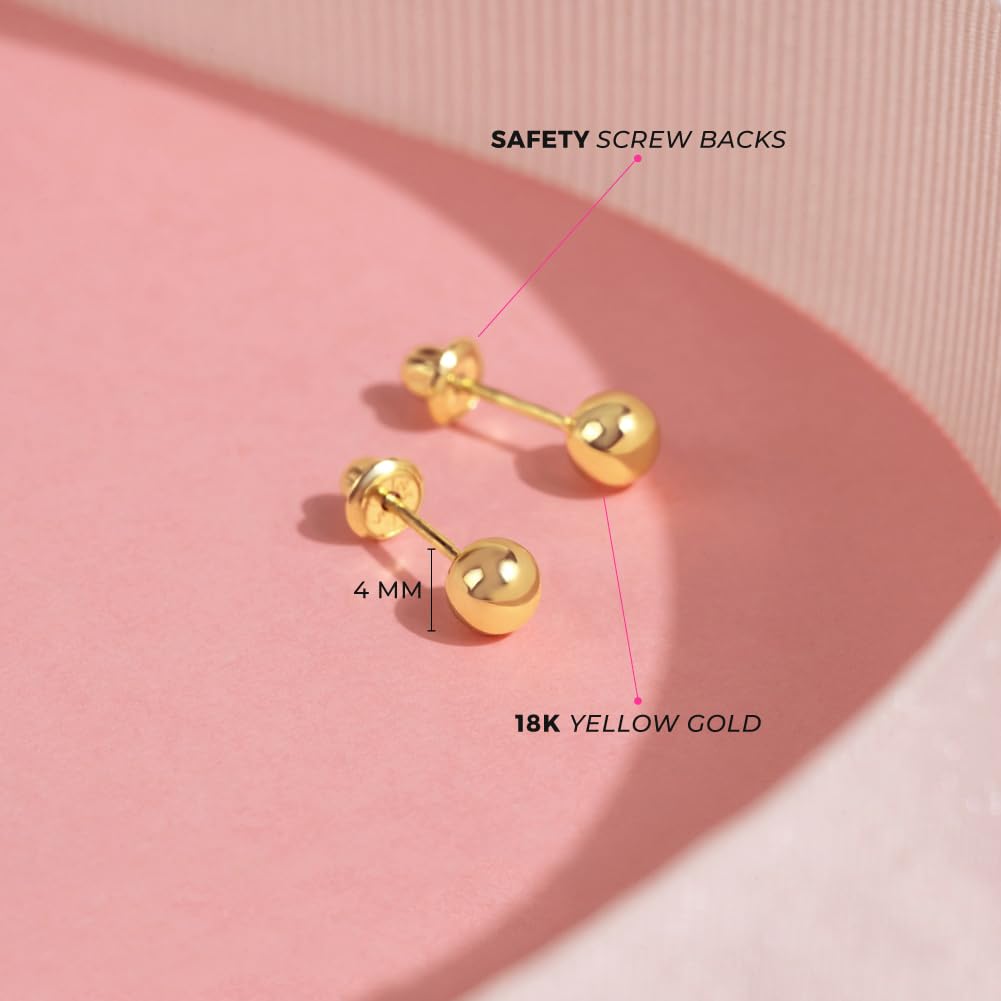 18k Yellow Gold Classic Ball Safety Screw Back Stud Earrings for Babies, Infants, Toddlers, and Little Girls 3mm-5mm - Traditional Plain Ball 18k Gold Stud Earrings for Baby Girls