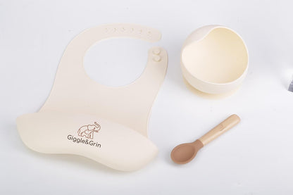 Giggle&Grin Baby Feast Silicone Baby feeding set/Silicone Feeding Bowl/Silicone Bib/Wooden Spoon with Silicone 6-12 Months - White Set with Green Spoon