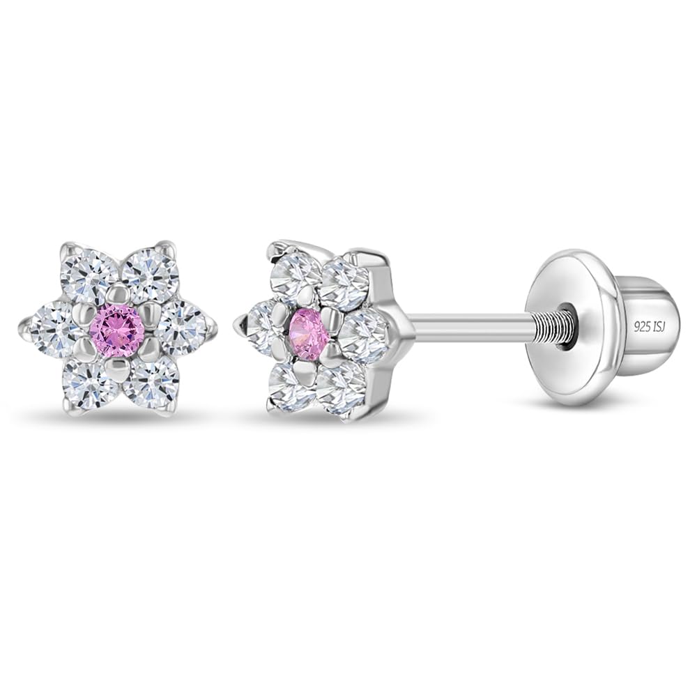 925 Sterling Silver Kids Earrings with 5mm Flower & Screw Backs for Young Girls - Dainty CZ Flower Screw Backs for Toddlers and Little Girls - Cubic Zirconia Floral Studs for Children