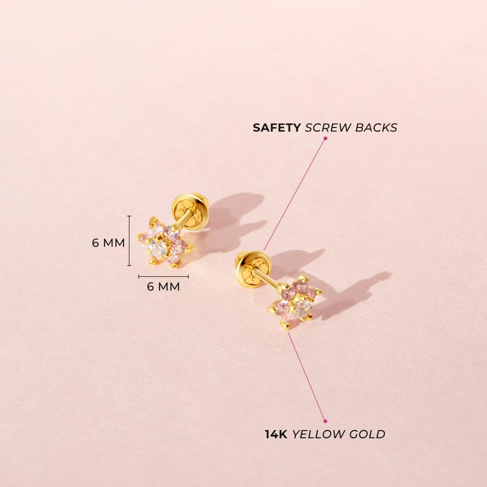 14k Yellow Gold Colorful Cubic Zirconia Flower Studs - Screw Back Earrings for Toddlers & Little Girls - Casual & Sparkly Flower Earrings for Children