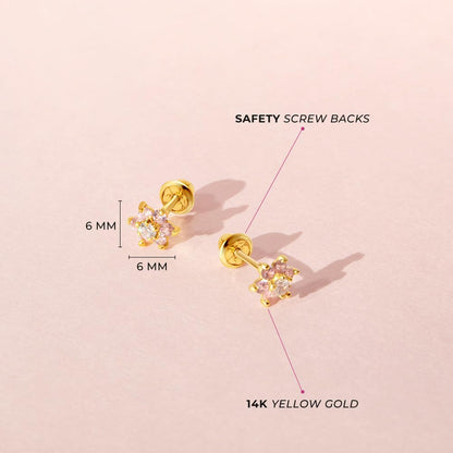 14k Yellow Gold Colorful Cubic Zirconia Flower Studs - Screw Back Earrings for Toddlers & Little Girls - Casual & Sparkly Flower Earrings for Children