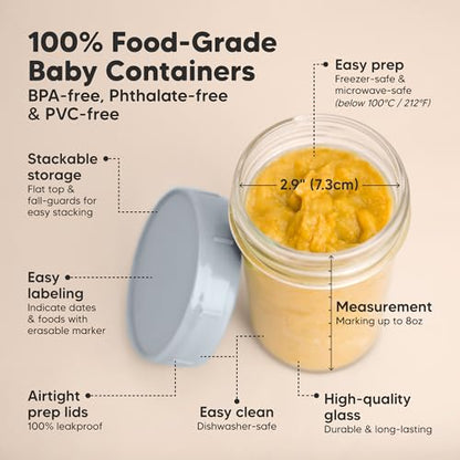 KeaBabies 4pk 8oz & 4pk 4oz Glass Baby Food Containers with Lids - Leak-Proof,Microwavable Small Glass Jars,Baby Purees & Toddler Snack Storage Containers,BPA-Free,Dishwasher & Freezer Safe(Musk Dusk)