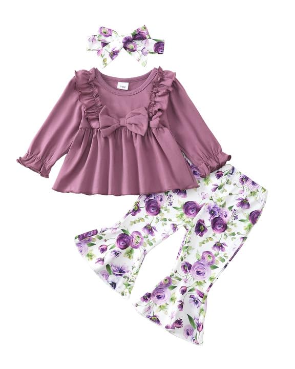 Toddler Baby Girl Clothes Fall/Winter Girls Outfits Ruffle Long Sleeve Tops Floral Flared Pants Girls' Clothing Sets