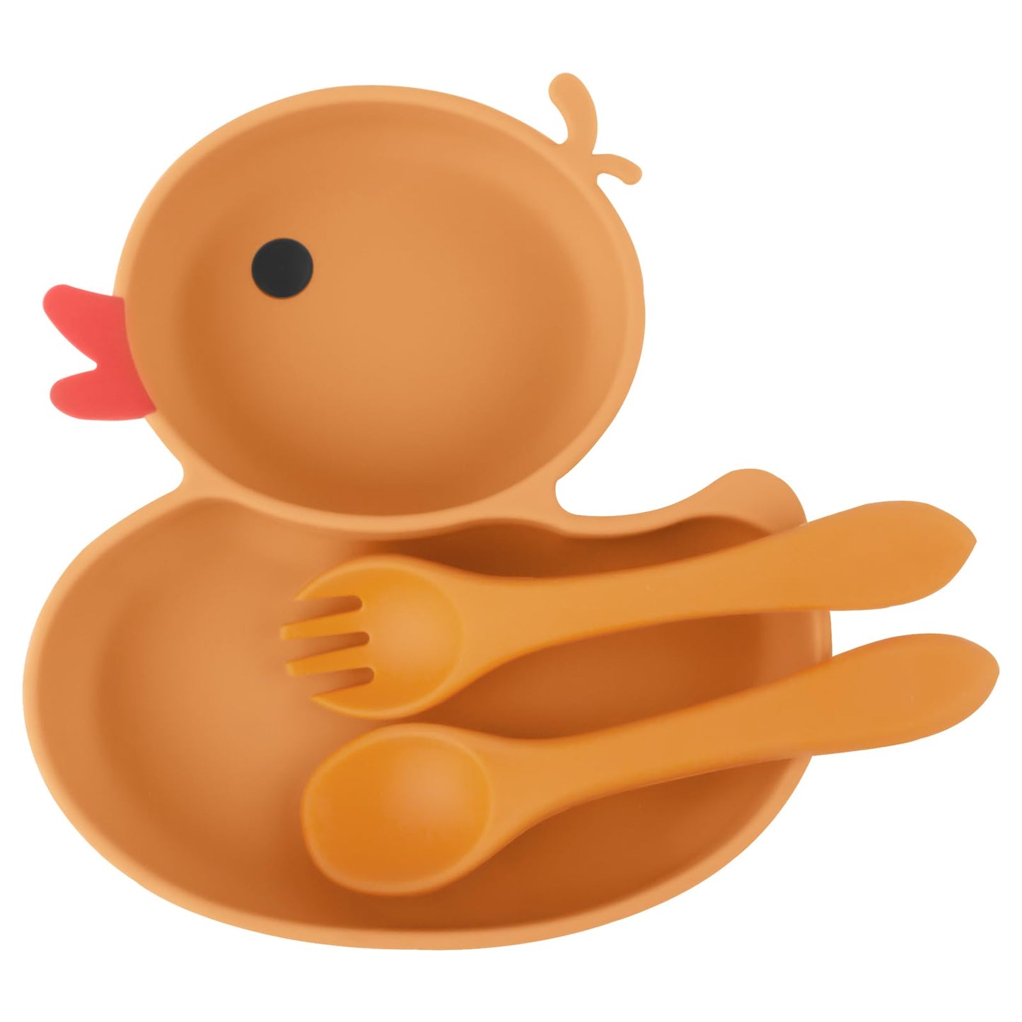 Qshare Powerful Suction Plates for Baby and Toddler,Baby Divided Plate,Thanksgiving Plates with Fork and Spoon,Duck Baby Plate Non-Slip,BPA Free,Microwave & Dishwasher Safe (Orange)