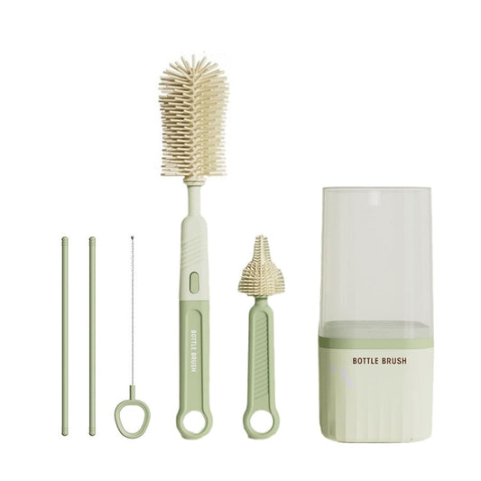 Bottle Brush Set - Baby Travel Essential - Bottle Cleaner Kit with Silicone Bottle Brush,Nipple Cleaner Brush,Straw Brush,Storage Box,Bottle Drying Rack for Home and Travel(Green)