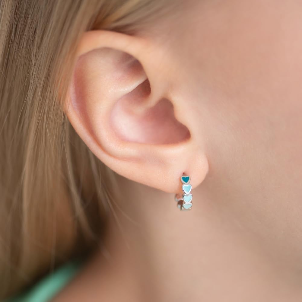 925 Sterling Silver Tiny Heart Enamel Huggie Hoop Earrings - Multicolored Heart Themed Hoops