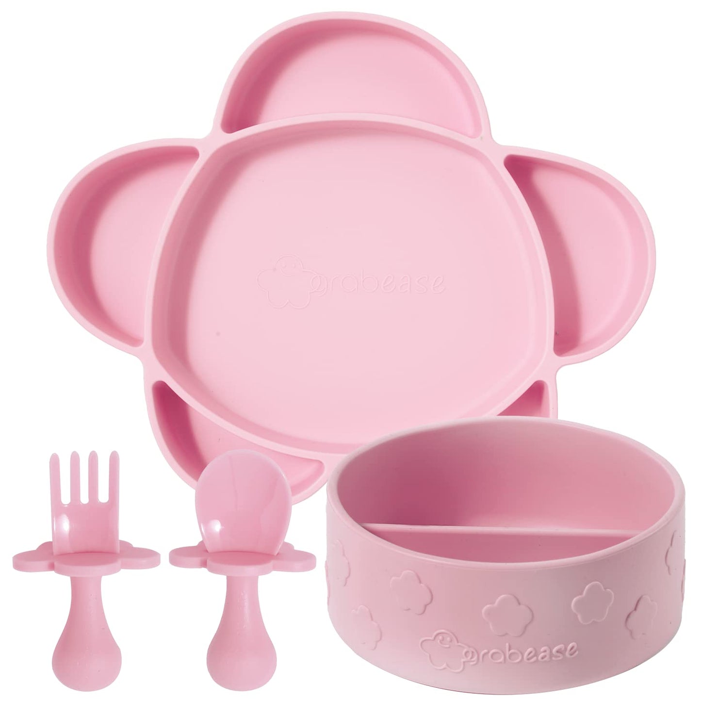 grabease Baby Essentials Must-Haves - Complete Feeding Set for Baby-Led Weaning and Portion Control - Suction Bottoms 4 Piece Set, BPA and Phthalates-Free, Blush