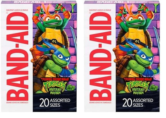 Band-Aid Brand Adhesive First Aid Bandages for Minor Cuts & Scrapes, Wound Care Featuring Nickelodeon TMNT Characters, Fun Bandages for Kids & Toddlers, Sterile, Assorted Sizes, 20 Ct (Pack of 2)