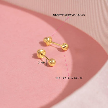 18k Yellow Gold Classic Ball Safety Screw Back Stud Earrings for Babies, Infants, Toddlers, and Little Girls 3mm-5mm - Traditional Plain Ball 18k Gold Stud Earrings for Baby Girls