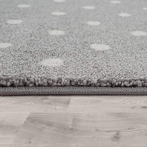 Paco Home Kids Rug for Nursery Checkered with Dots & Stars in Blue White Grey, Size: 3'11" Round